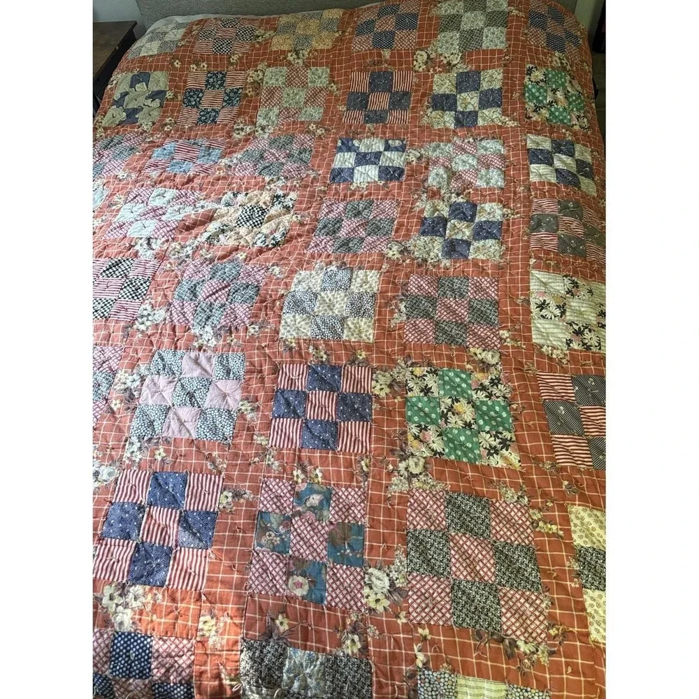 Vintage 1940's 9 Patch Patchwork Quilt Hand Ties Floral Backing 88x70 Excellent